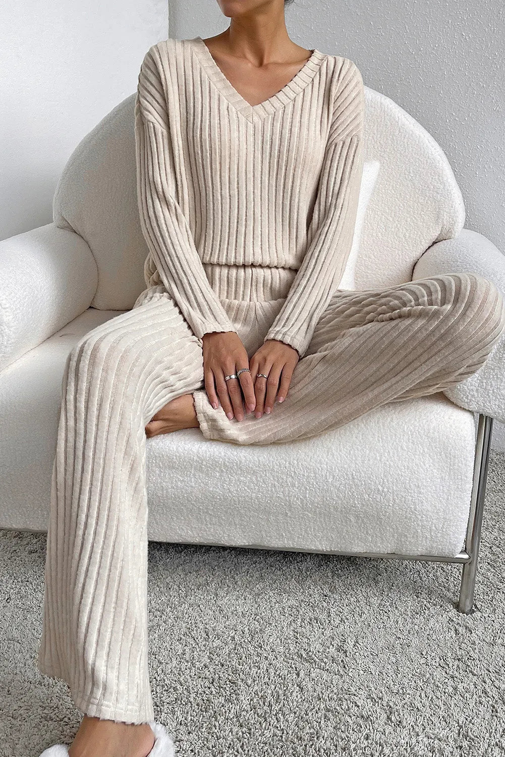 Khaki Ribbed Knit V Neck Slouchy Two-piece Outfit Loungewear & Sleepwear/Loungewear - Tophatter Daily Deals