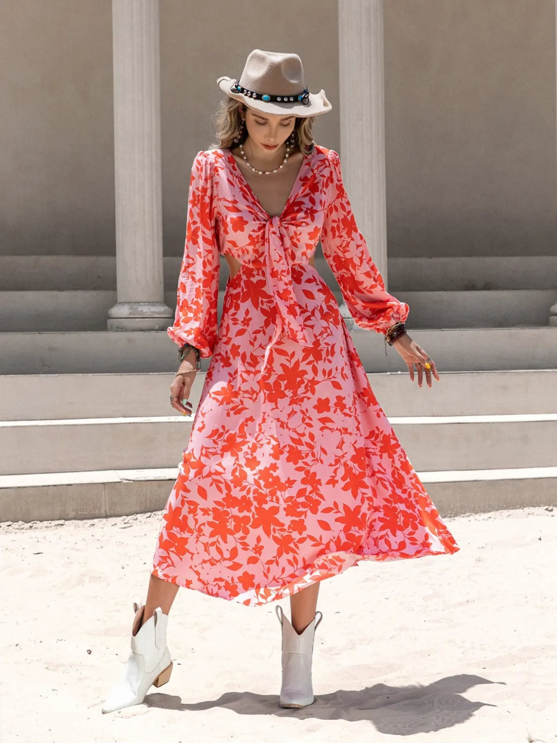 Tied Cutout Printed Long Sleeve Midi Dress Casual Dresses - Tophatter Daily Deals