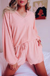 Notched Neck Swissdot Dropped Shoulder Top and Tie Waist Shorts Set Dusty Pink Loungewear Sets - Tophatter Daily Deals