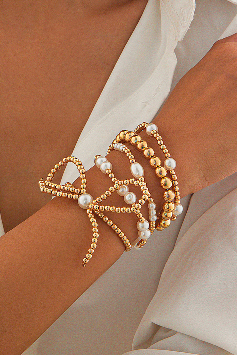 Gold Bow Knot Pearl Beaded Multi Layered Bracelet Set Bracelets - Tophatter Daily Deals