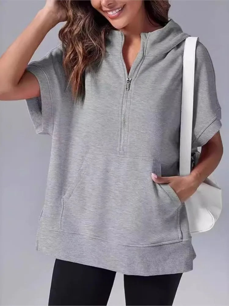 Lightweight Women's Short Sleeve Hoodie - Oversized Knit Gray - Tophatter Daily Deals