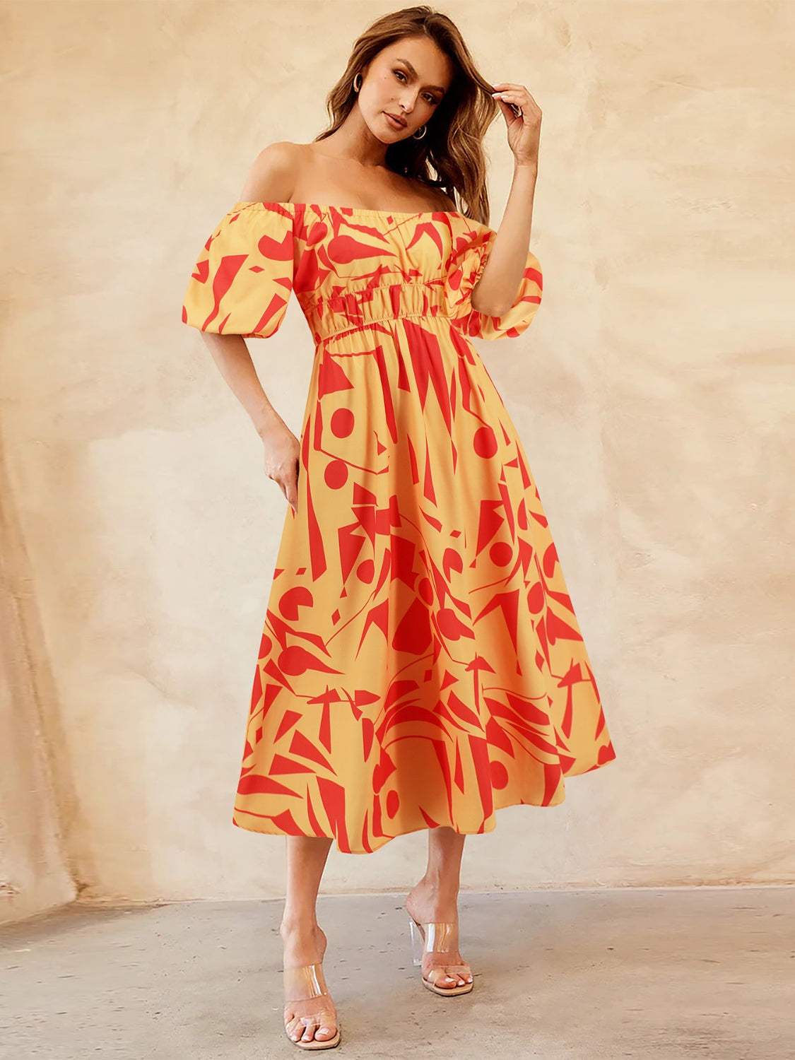 Printed Off-Shoulder Balloon Sleeve Dress Red Orange Casual Dresses - Tophatter Daily Deals