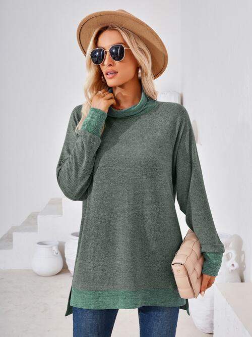 Contrast Mock Neck Long Sleeve T-Shirt Army Green Women's T-Shirts - Tophatter Daily Deals