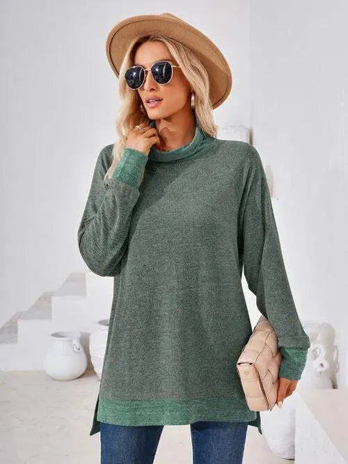 Contrast Mock Neck Long Sleeve T-Shirt Army Green Women's T-Shirts - Tophatter Daily Deals