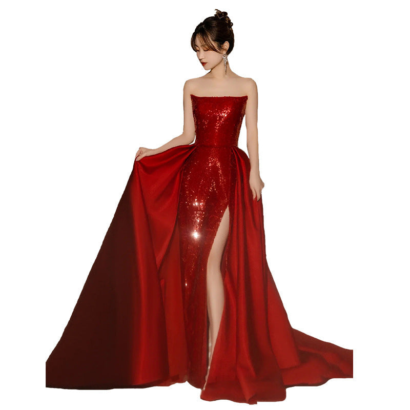 Banquet Light Luxury Annual Meeting Host Red Dress Bride Wedding Engagement Bra Toast Dress 0 - Tophatter Daily Deals