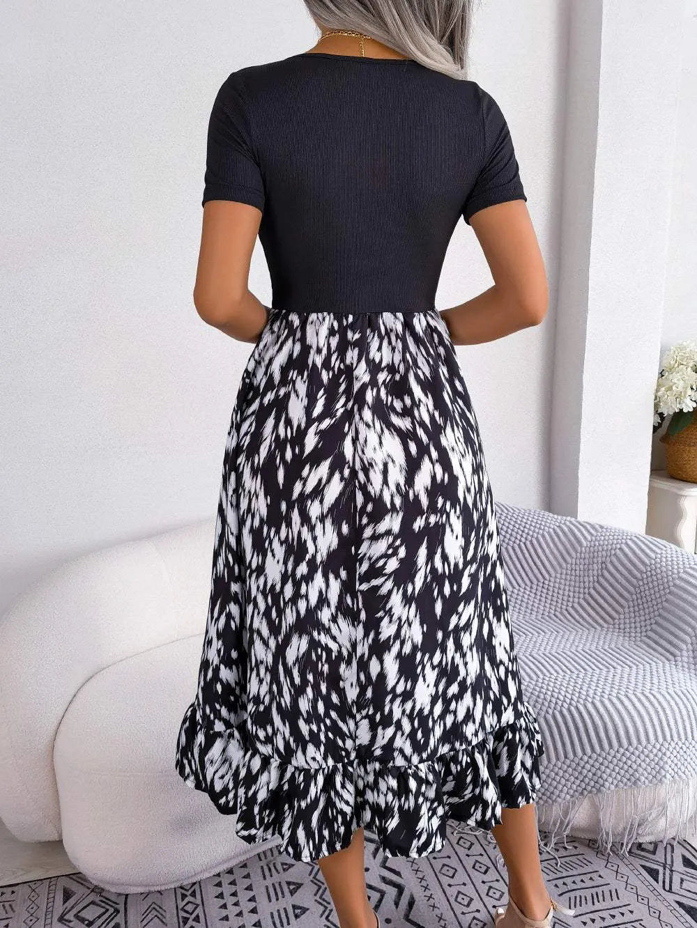 Printed Round Neck Ruffle Hem Dress Casual Dresses - Tophatter Daily Deals