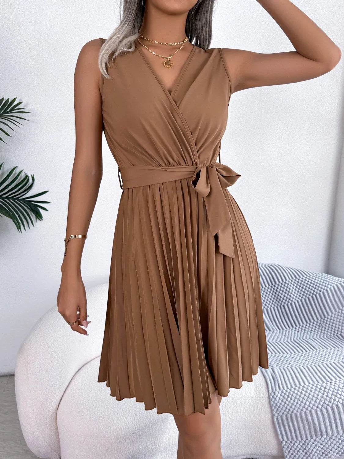 Tied Surplice Sleeveless Pleated Dress Casual Dresses - Tophatter Daily Deals