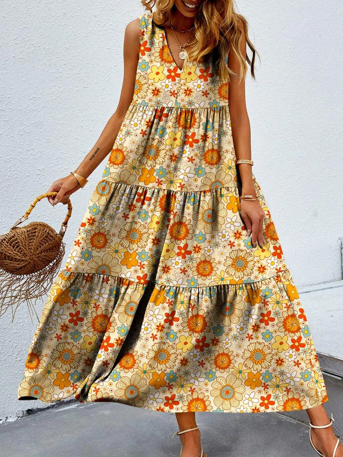 Tiered Printed V-Neck Sleeveless Dress Pastel Yellow Casual Dresses - Tophatter Daily Deals