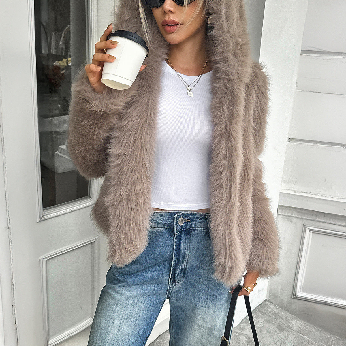 Warm Women's Fleece Coat - Boxy Hip Length, Faux Fur 3D Changing Face Moving Picture Frame - Tophatter Daily Deals
