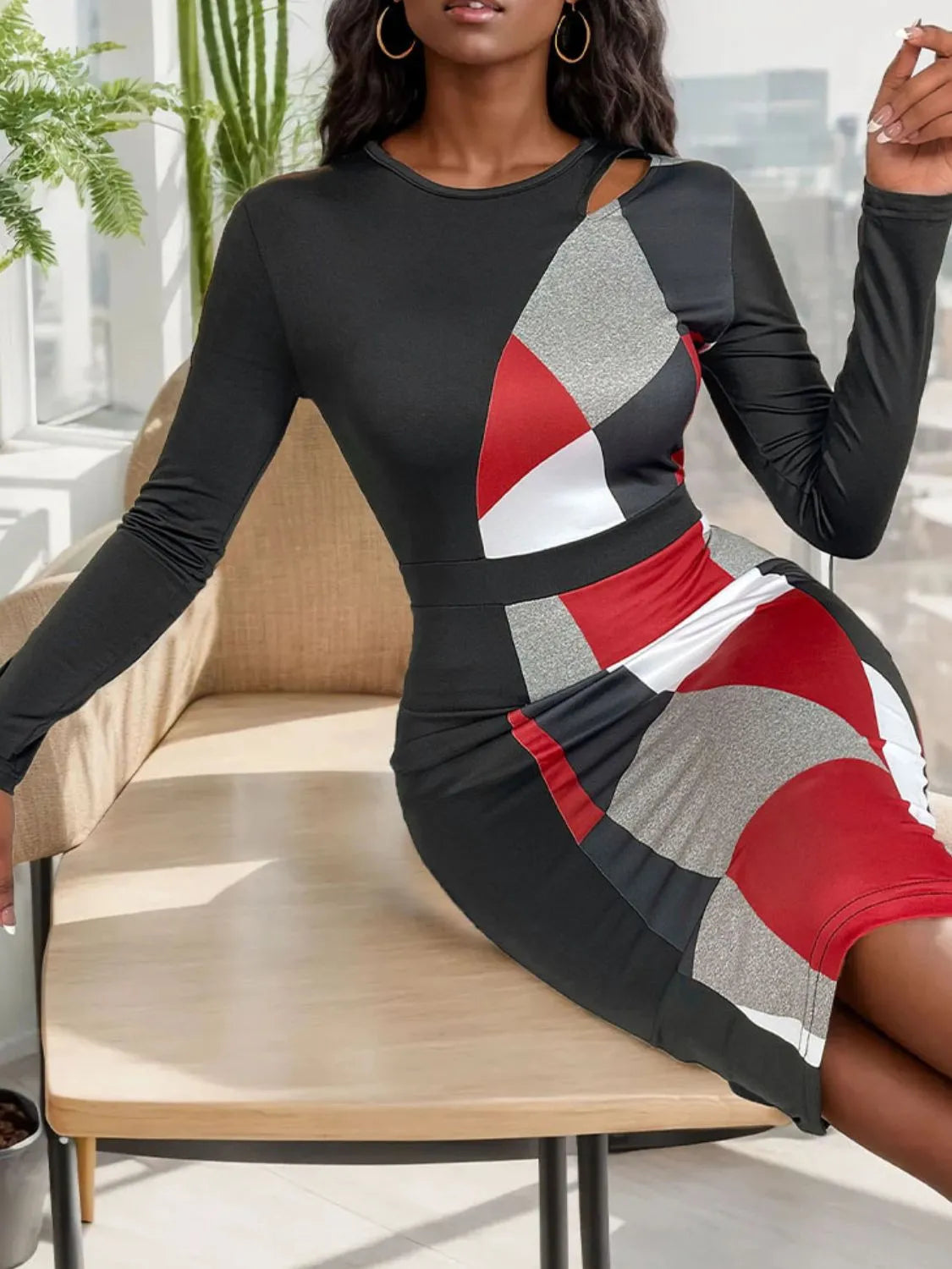 Perfee Cutout Color Block Round Neck Long Sleeve Dress Casual Dresses - Tophatter Daily Deals