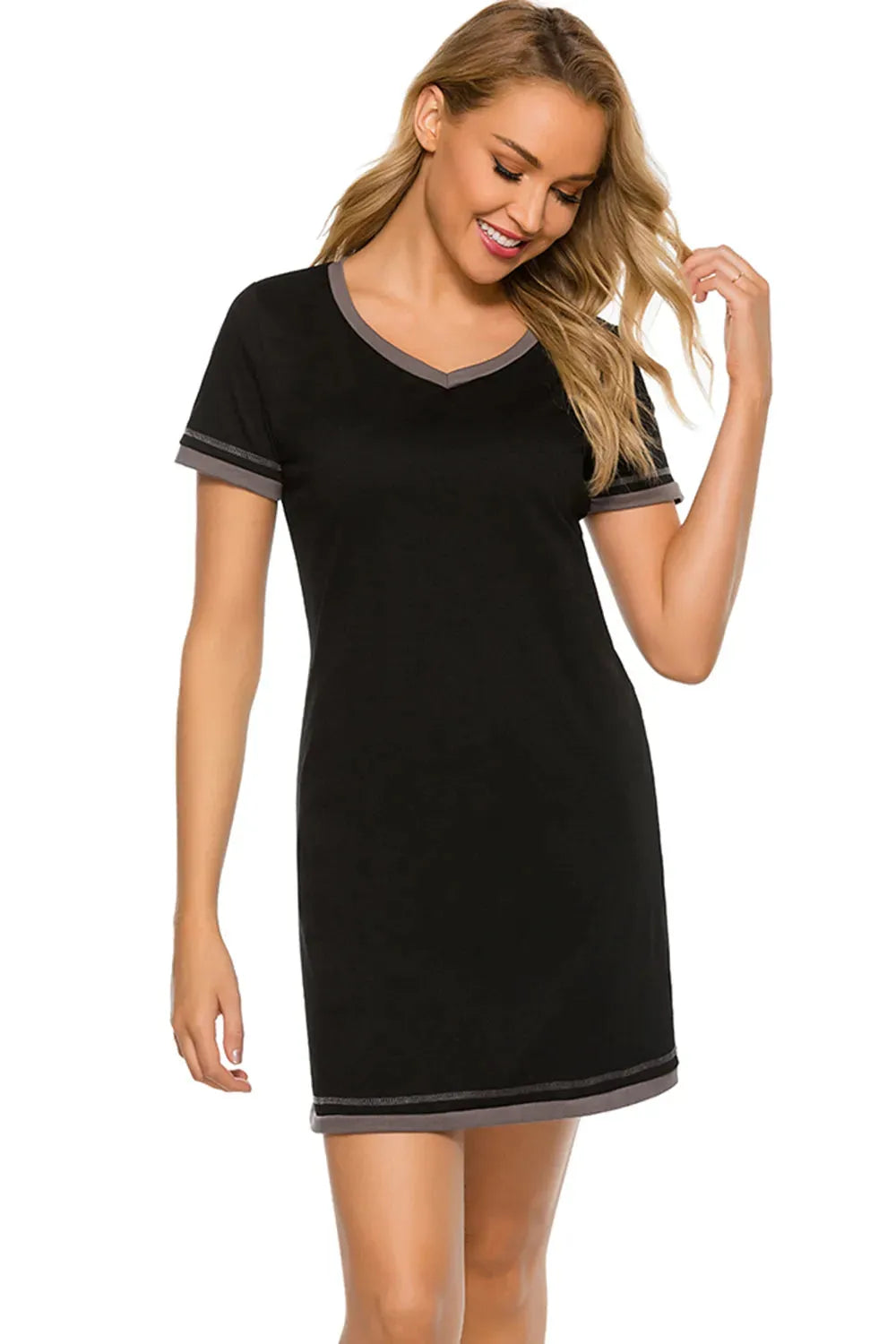 Contrast Trim Short Sleeve Lounge Dress Sleep Dresses - Tophatter Daily Deals