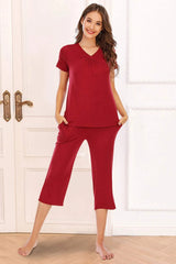 V-Neck Short Sleeve Top and Pants Lounge Set Loungewear Sets - Tophatter Daily Deals