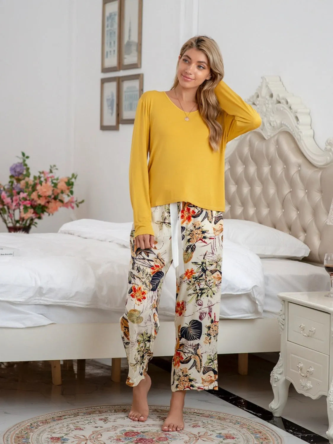 Round Neck Top and Printed Pants Lounge Set Yellow Loungewear Sets - Tophatter Daily Deals