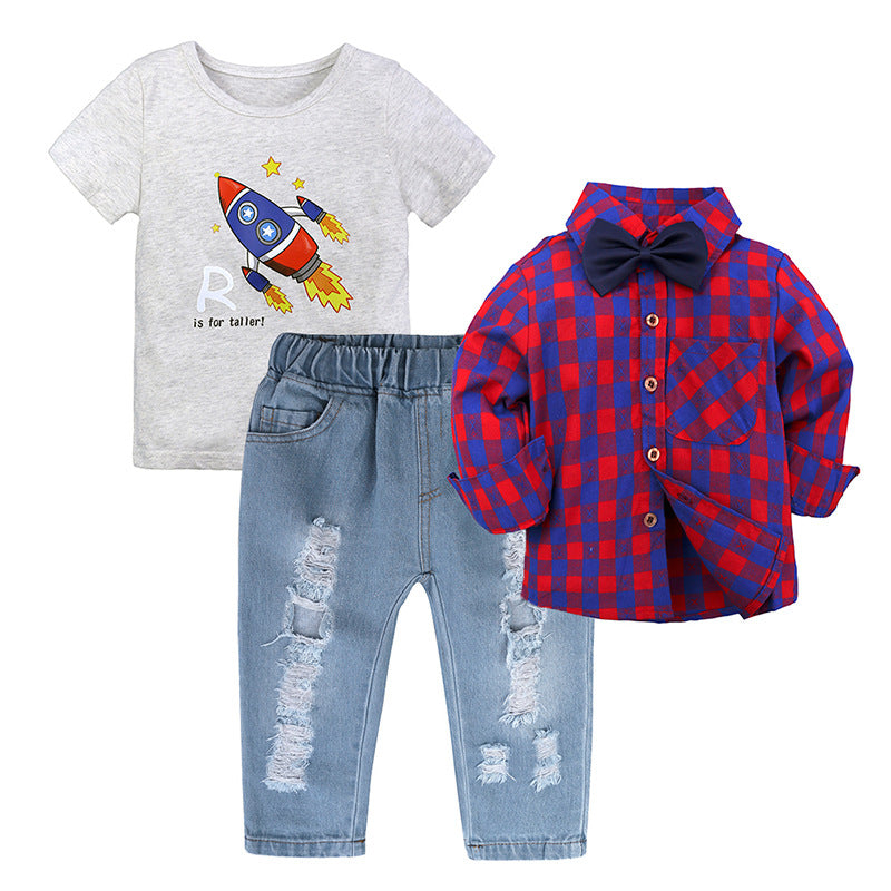 Boy's Long-sleeved Plaid Shirt Denim Trousers Three-piece Set 0 - Tophatter Daily Deals