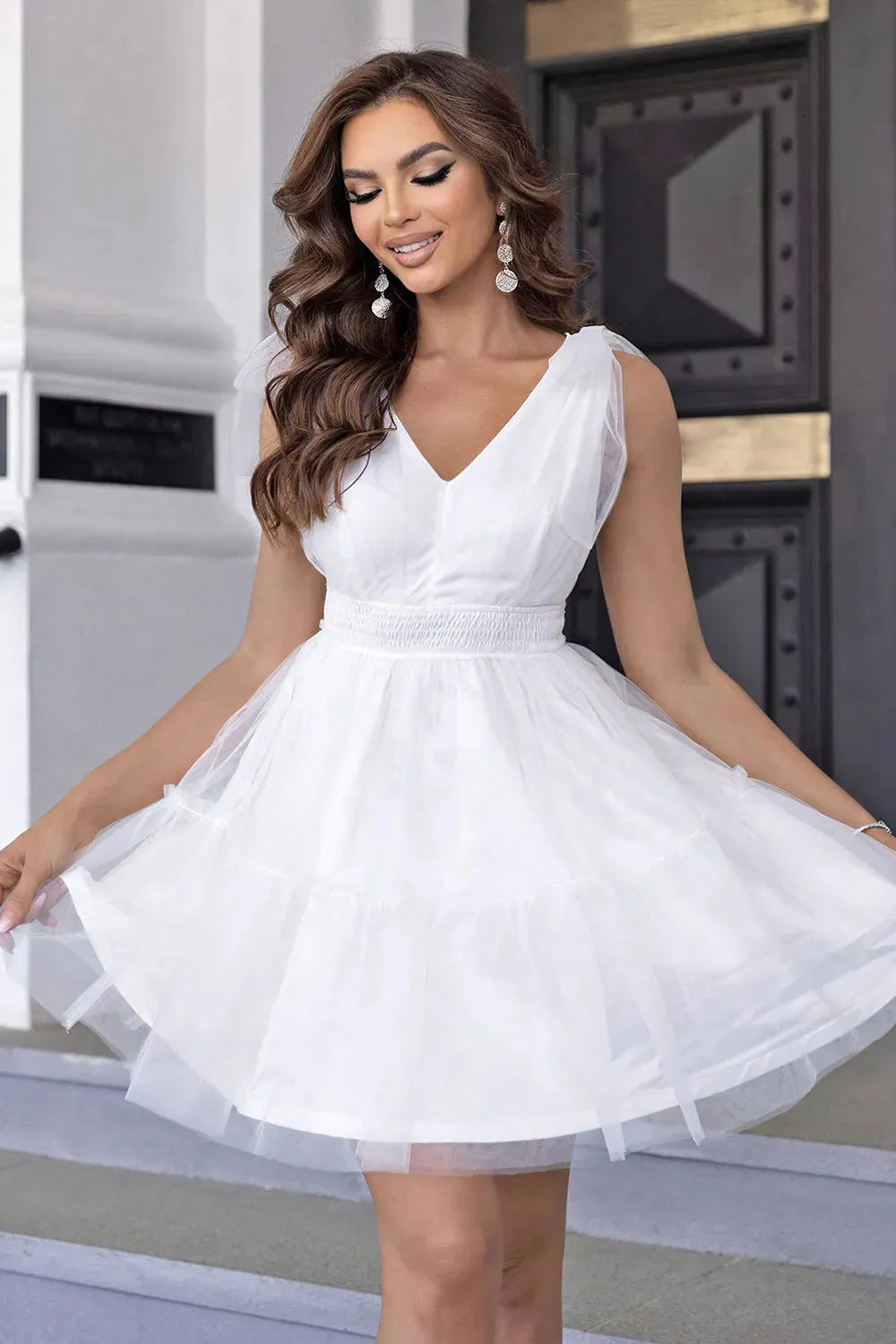 V-Neck Shoulder Detail Mesh Dress White Cocktail Dresses - Tophatter Daily Deals