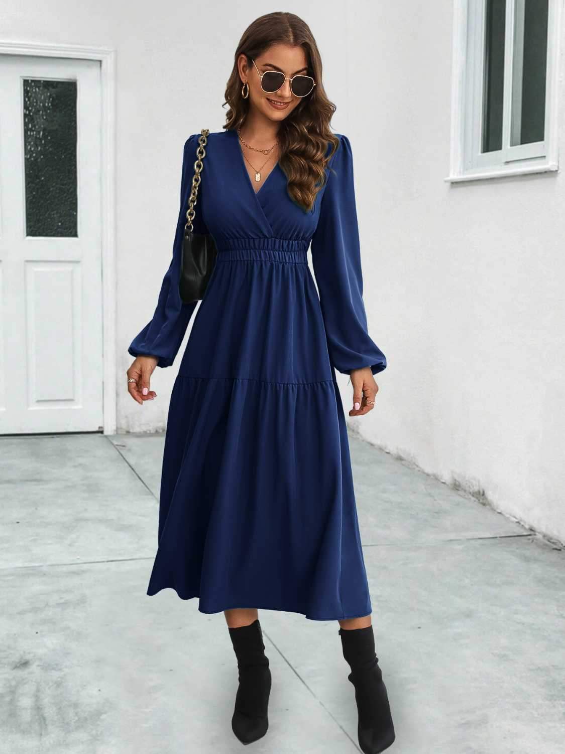 Surplice Neck Long Sleeve Midi Dress Navy Casual Dresses - Tophatter Daily Deals