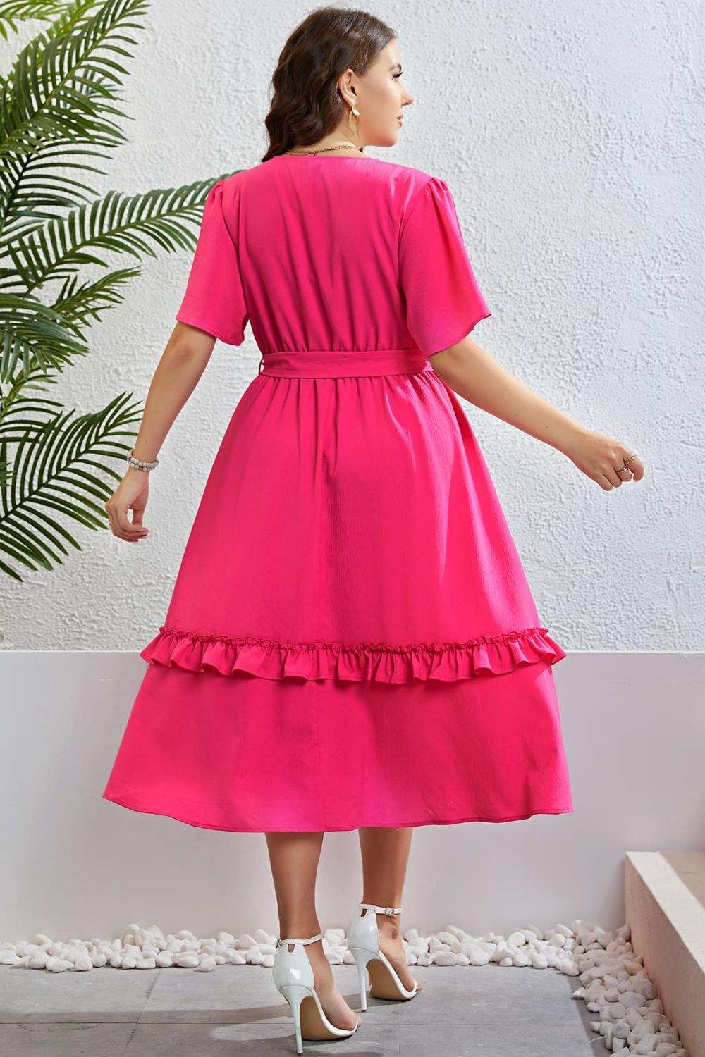 Belted Frill Trim Flutter Sleeve Dress Casual Dresses - Tophatter Daily Deals