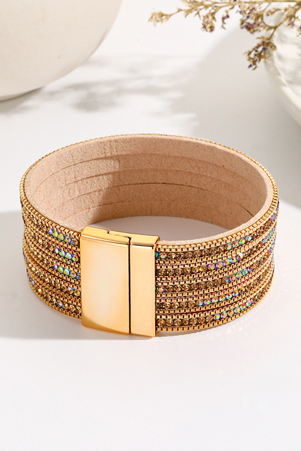 Gold Full Diamond Leather Wide Magnetic Buckle Bracelet Bracelets - Tophatter Daily Deals