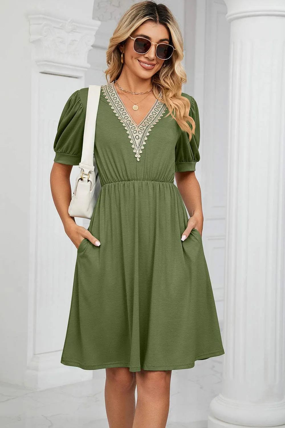 V-Neck Puff Sleeve Dress Matcha Green Casual Dresses - Tophatter Daily Deals