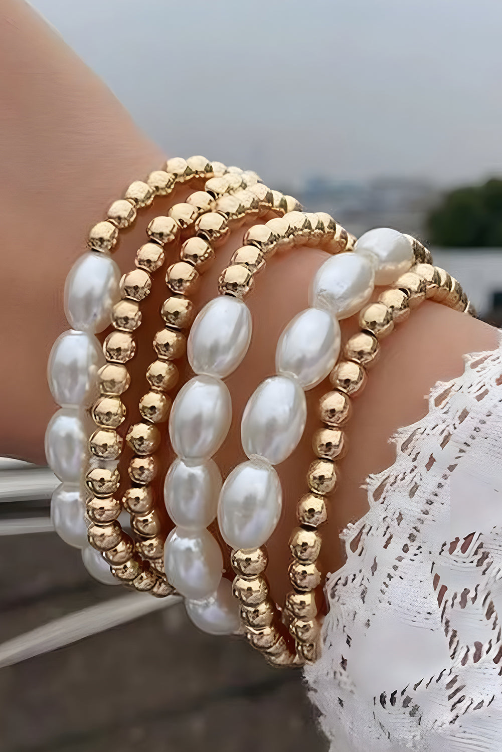 Gold Plated Pearl Beaded 6 Pcs Bracelet Set Bracelets - Tophatter Daily Deals