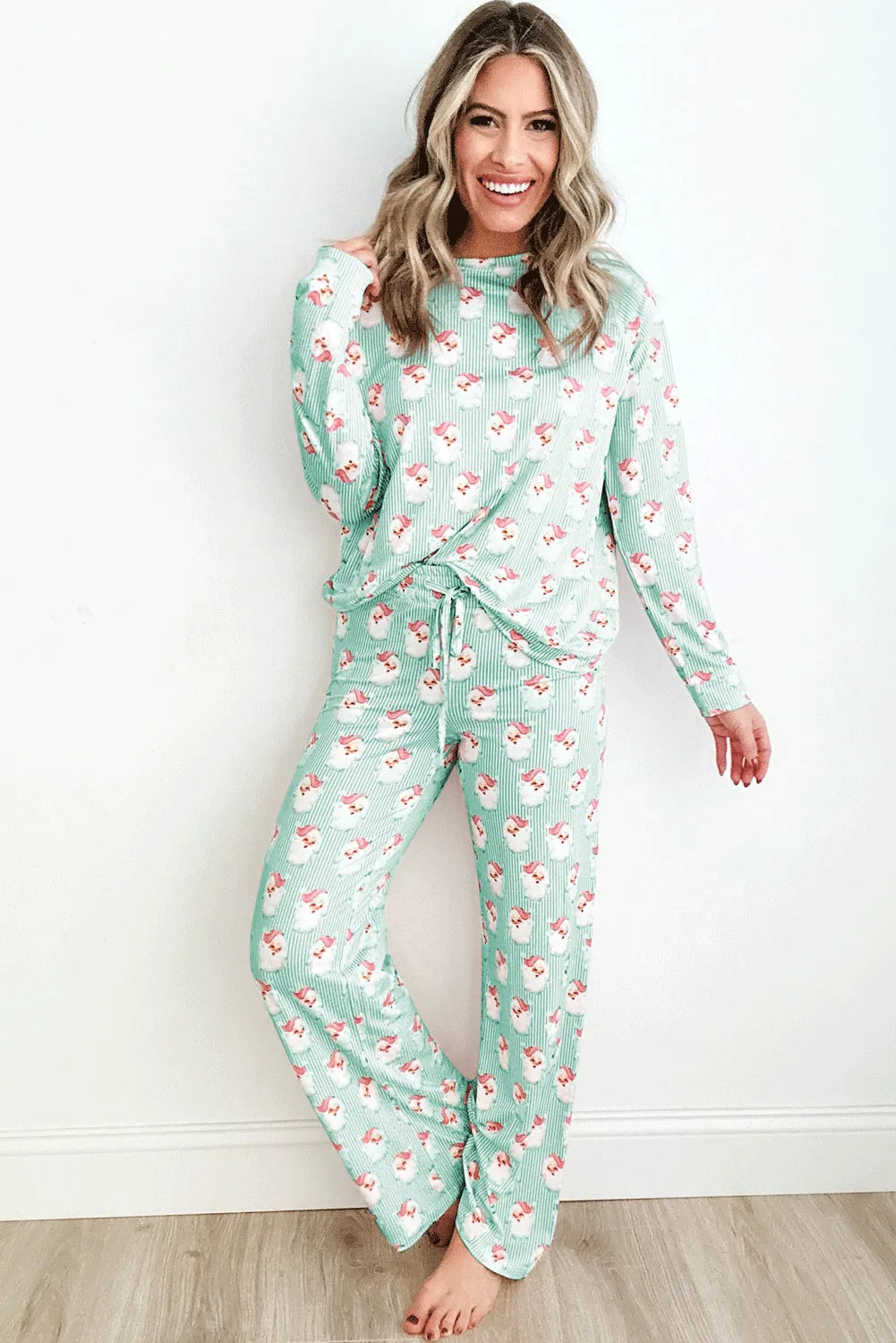 Green Santa Claus Striped Print Loose Fit Two Piece Lounge Set Loungewear & Sleepwear/Loungewear - Tophatter Daily Deals