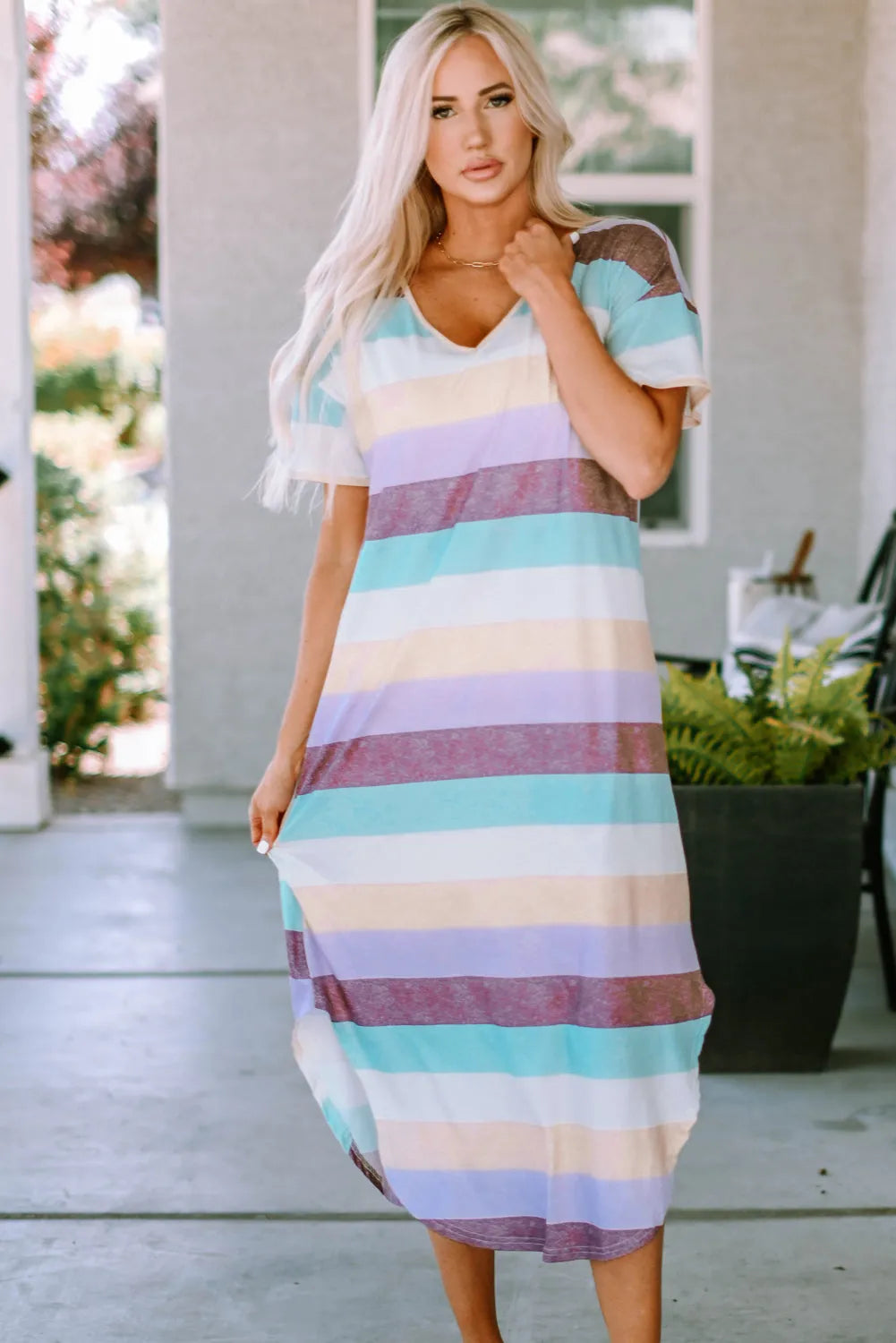 Striped V-Neck Curved Hem Midi Dress Purple Casual Dresses - Tophatter Daily Deals