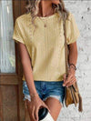 Eyelet Round Neck Short Sleeve T-Shirt Pastel Yellow Women's T-Shirts - Tophatter Daily Deals