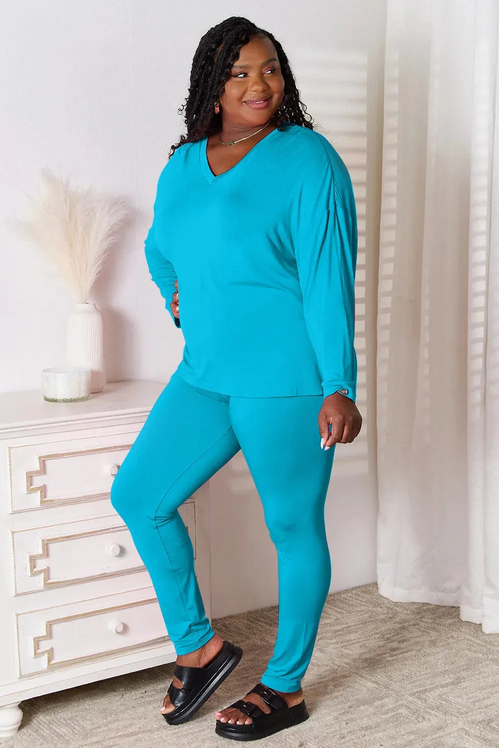 Basic Bae Full Size V-Neck Soft Rayon Long Sleeve Top and Pants Lounge Set Loungewear Sets - Tophatter Daily Deals