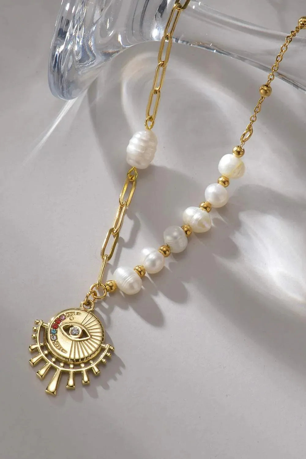 Evil Eye Pendant Pearl Stainless Steel Necklace Necklaces - Tophatter Daily Deals