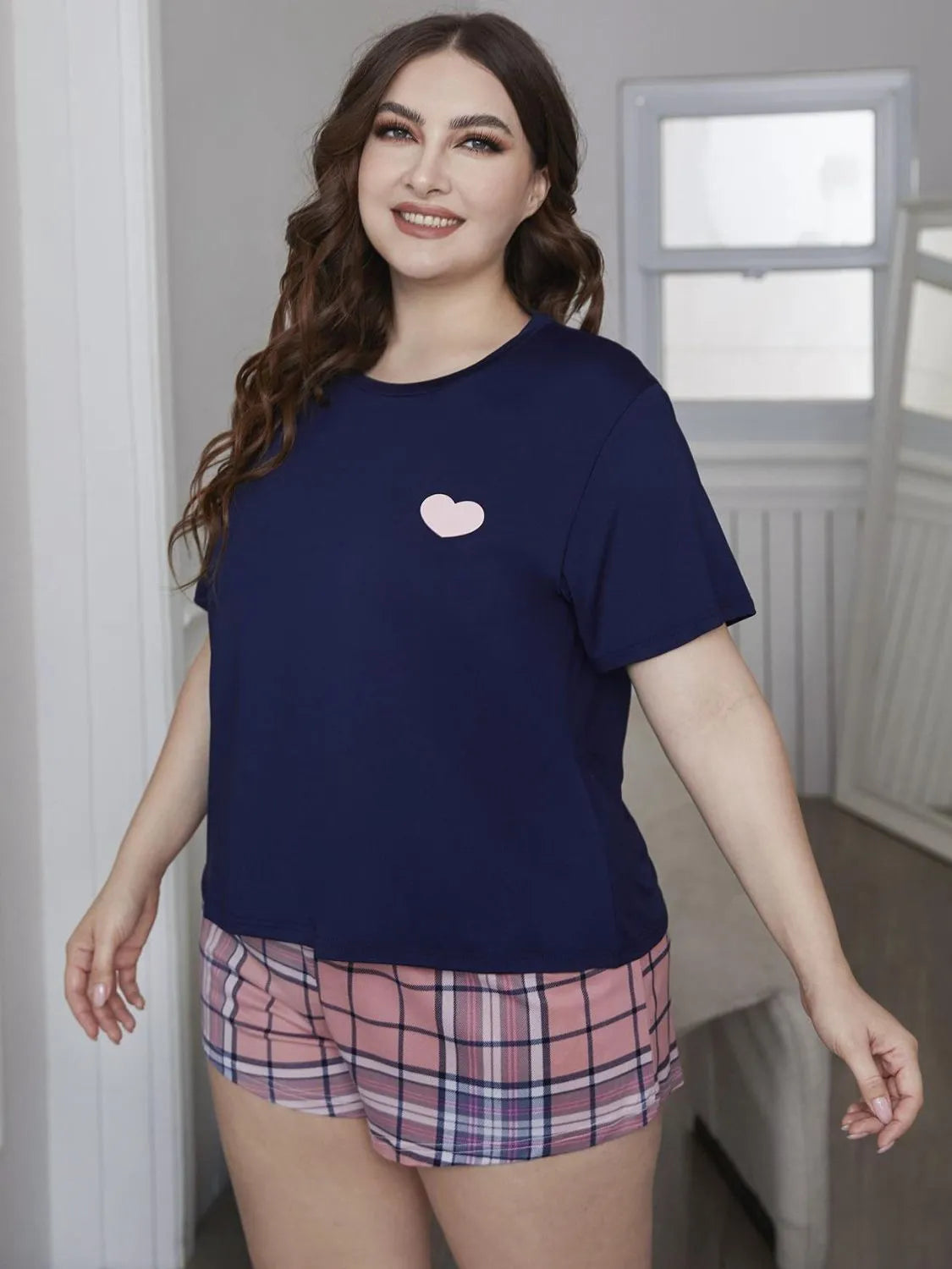 Plus Size Heart Graphic Top and Plaid Shorts Loungewear Set Navy Pink Loungewear Sets - Tophatter Daily Deals