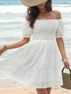 Smocked Eyelet Off-Shoulder Mini Dress White Casual Dresses - Tophatter Daily Deals