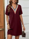 V-Neck Short Sleeve Mini Dress Wine Casual Dresses - Tophatter Daily Deals