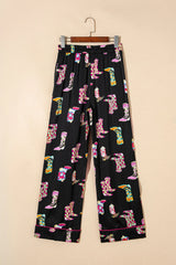 Black Western Cowgirl Boots Printed Satin Long Pajama Set Loungewear & Sleepwear/Sleepwear - Tophatter Daily Deals