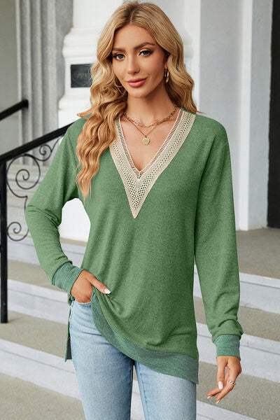 Slit V-Neck Long Sleeve T-Shirt Mid Green Women's T-Shirts - Tophatter Daily Deals