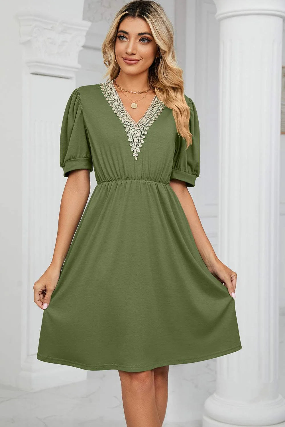 V-Neck Puff Sleeve Dress Casual Dresses - Tophatter Daily Deals