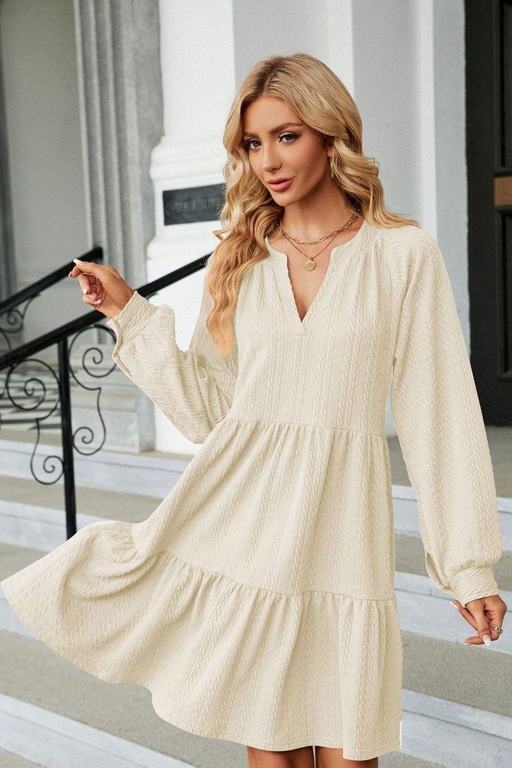 Notched Neck Long Sleeve Mini Dress Casual Dresses - Tophatter Daily Deals