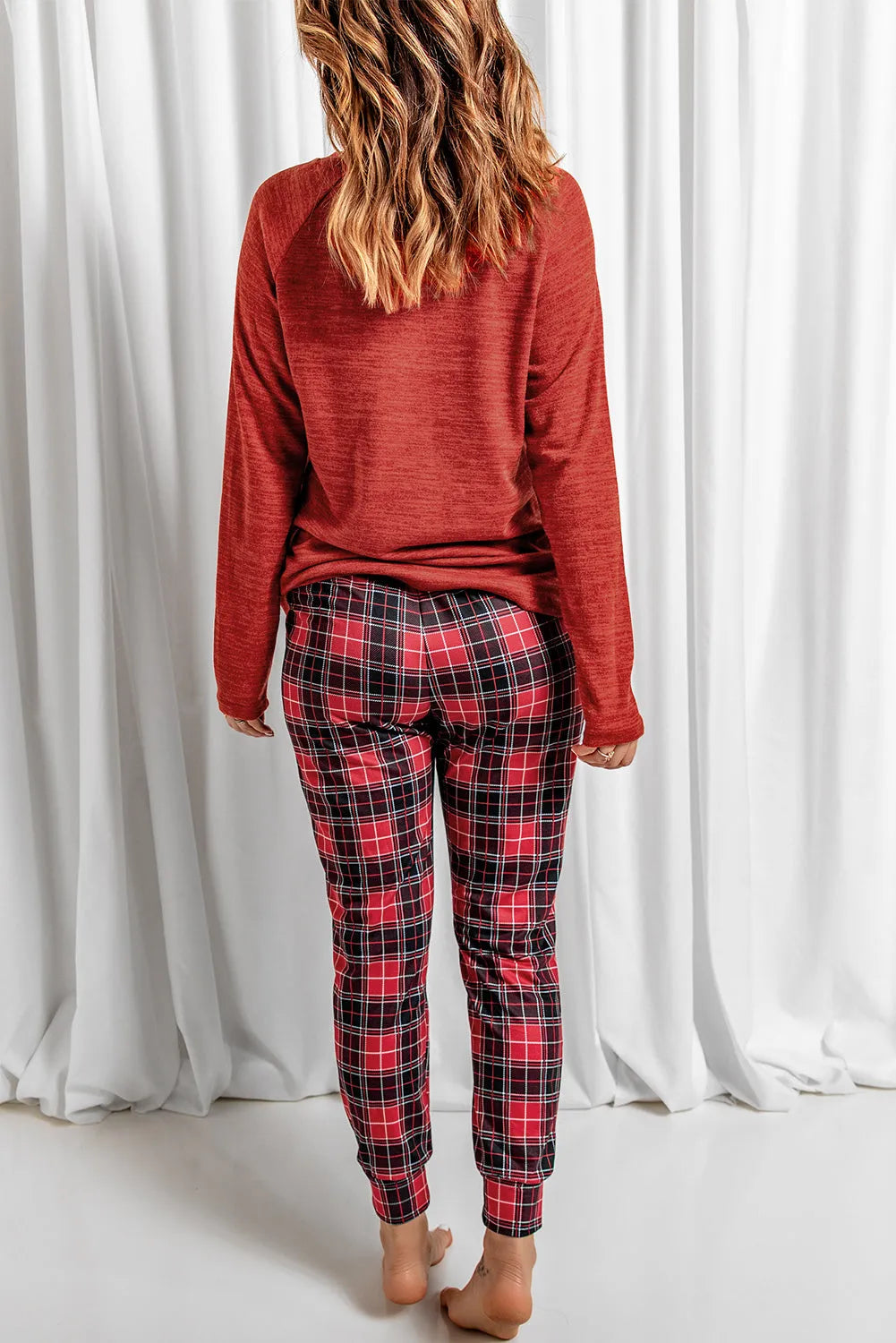 Round Neck Top and Drawstring Plaid Pants Lounge Set Loungewear Sets - Tophatter Daily Deals