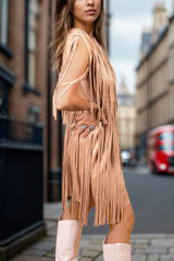 Full Size Fringe V-Neck Sleeveless Mini Dress Casual Dresses - Tophatter Daily Deals