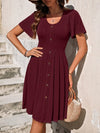 Decorative Button Scoop Neck Short Sleeve Dress Wine Casual Dresses - Tophatter Daily Deals