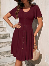 Decorative Button Scoop Neck Short Sleeve Dress Wine Casual Dresses - Tophatter Daily Deals