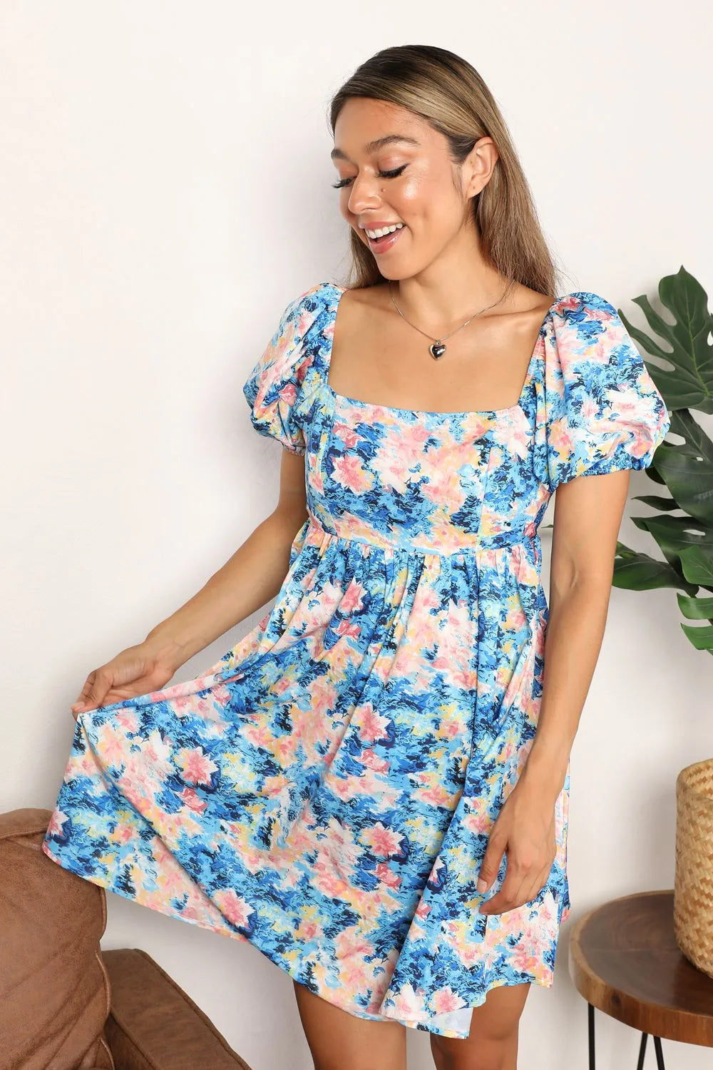 Double Take Floral Square Neck Puff Sleeve Dress Casual Dresses - Tophatter Daily Deals