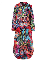 Vintage Geometry Print Lapel Long Sleeve Double Pocket Maxi Shirt Women Maxi Dress Maxi Dresses - Tophatter Daily Deals