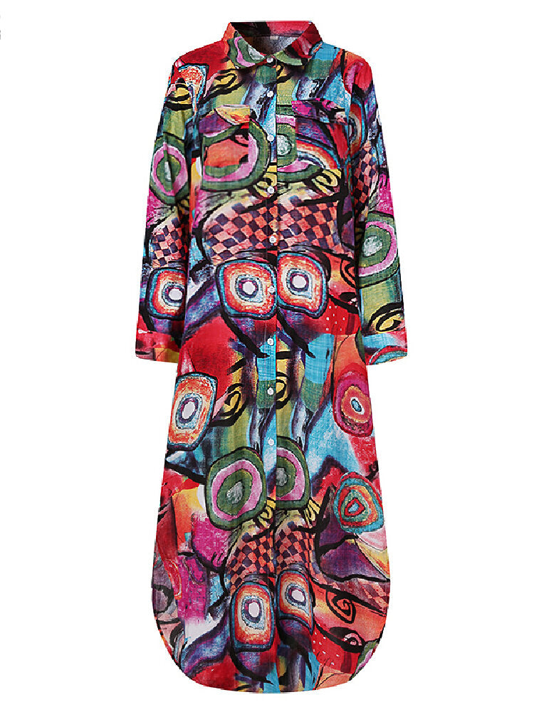 Vintage Geometry Print Lapel Long Sleeve Double Pocket Maxi Shirt Women Maxi Dress Maxi Dresses - Tophatter Daily Deals