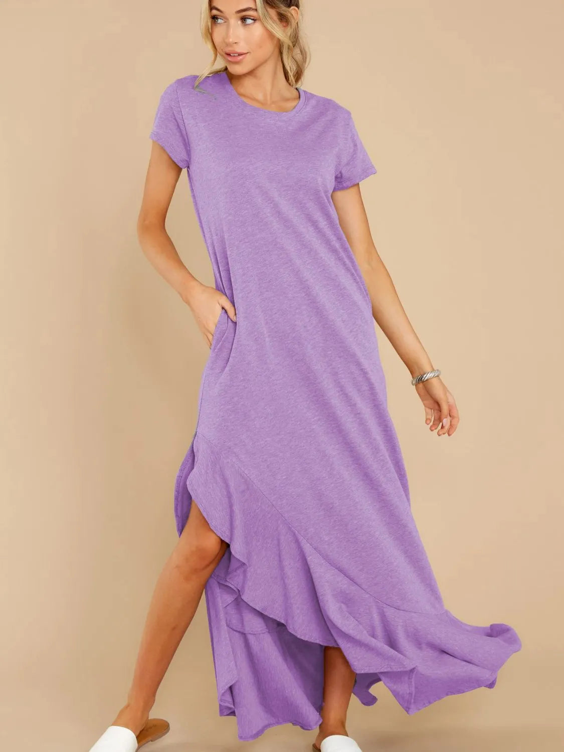 Slit Round Neck Short Sleeve Maxi Dress Lavender Casual Dresses - Tophatter Daily Deals