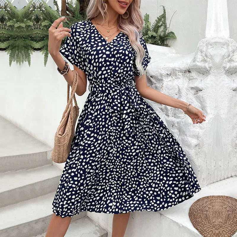 Printed Tie Waist A-Line Dress Dark Navy XL Casual Dresses - Tophatter Daily Deals