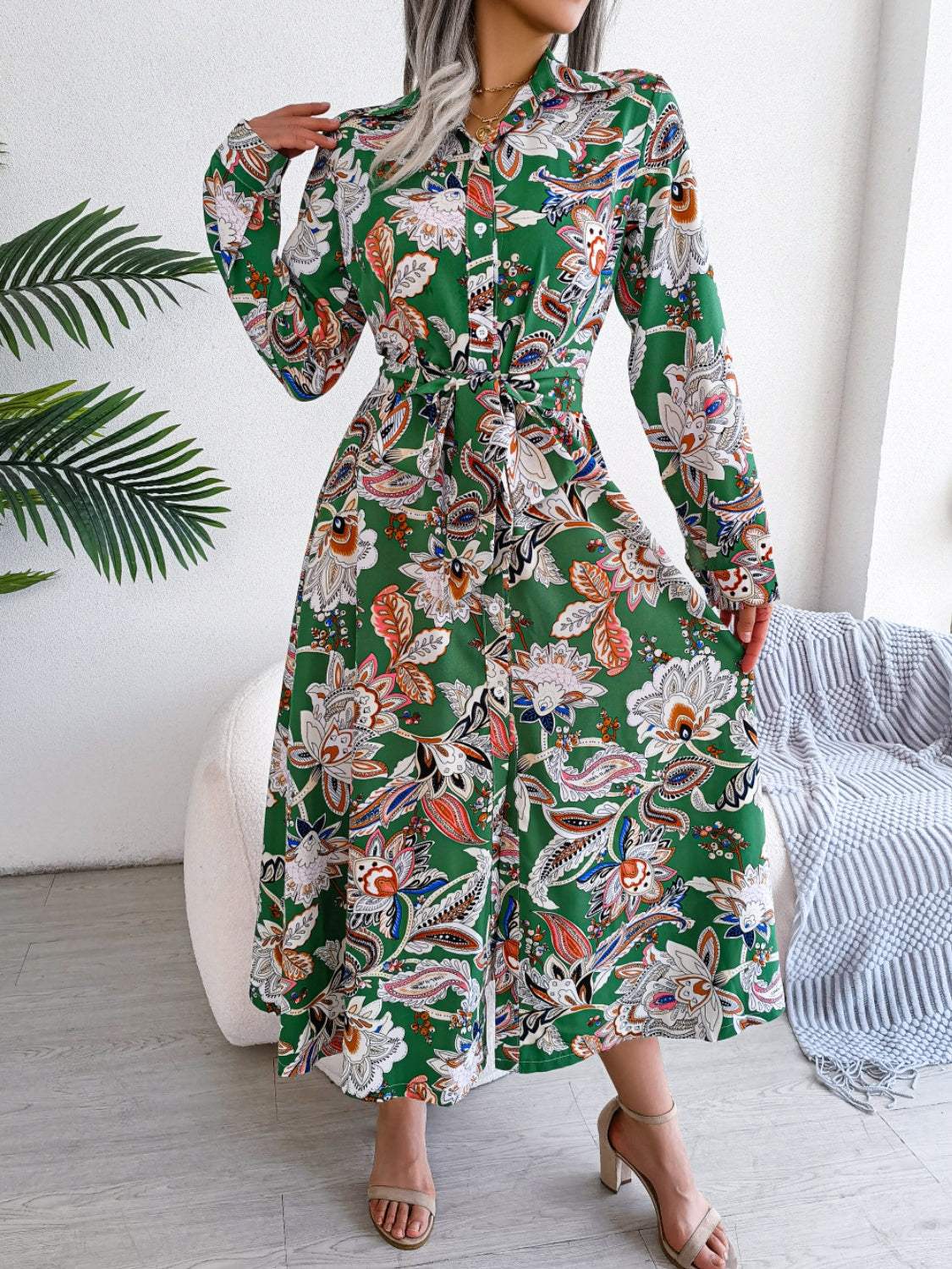 Tied Printed Long Sleeve Midi Dress Casual Dresses - Tophatter Daily Deals