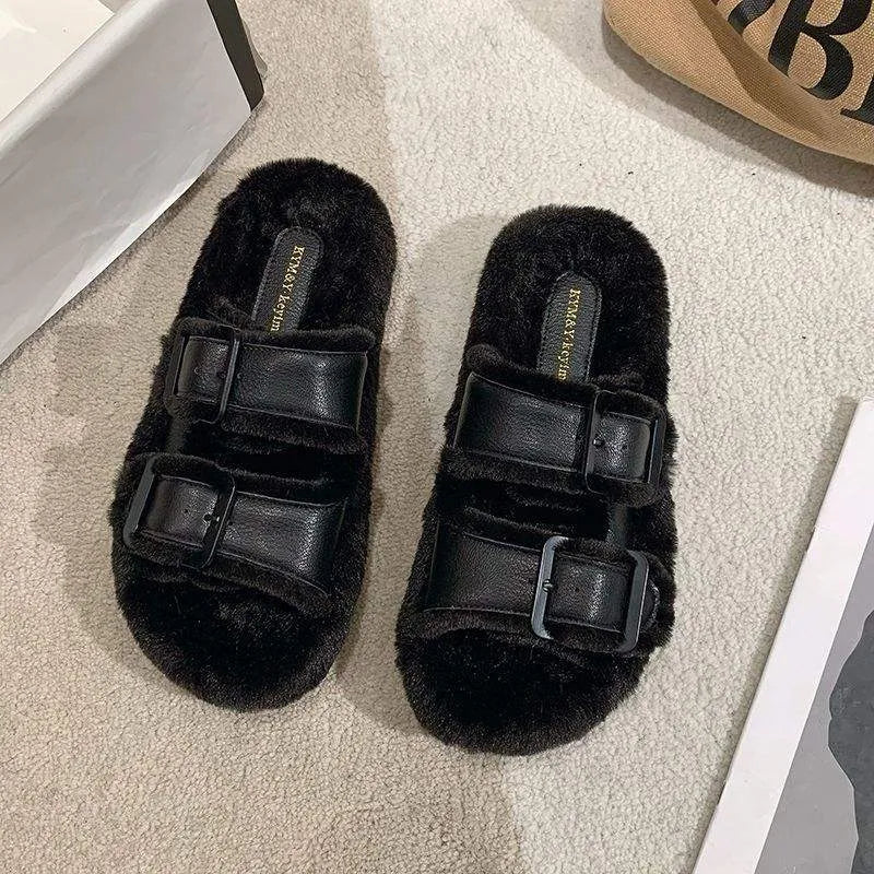 Women's Fashion All-match Furry Fleece-lined Belt Buckle Cotton Slippers Black Humidifier - Tophatter Daily Deals