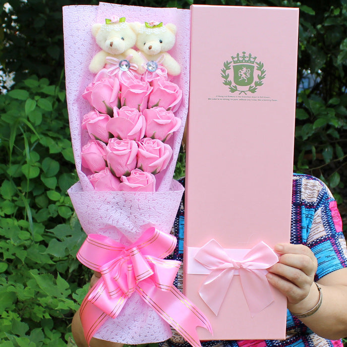 Bear Soap Flower Cartoon Flower Bundle Gift Box Pink 0 - Tophatter Daily Deals