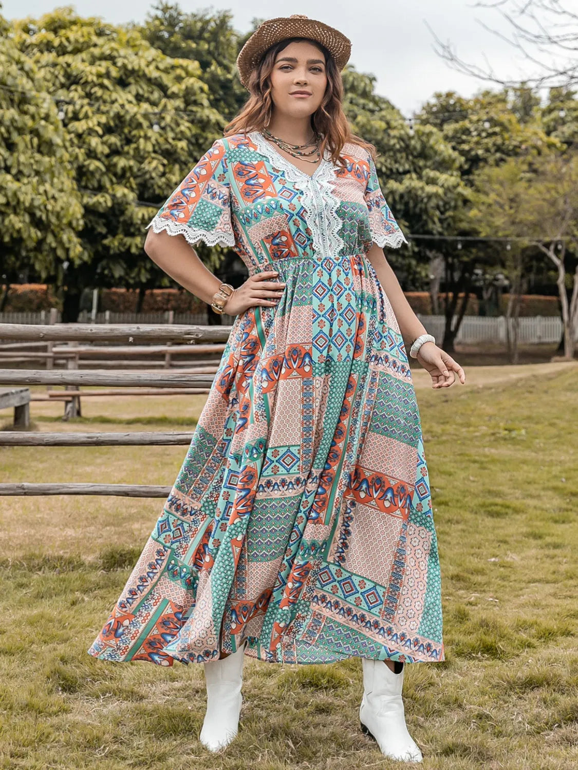 Plus Size Lace Detail Printed Half Sleeve Midi Dress Turquoise Casual Dresses - Tophatter Daily Deals