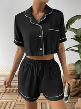 Contrast Lapel Collar Cropped Shirt and Shorts Lounge Set Black Loungewear Sets - Tophatter Daily Deals